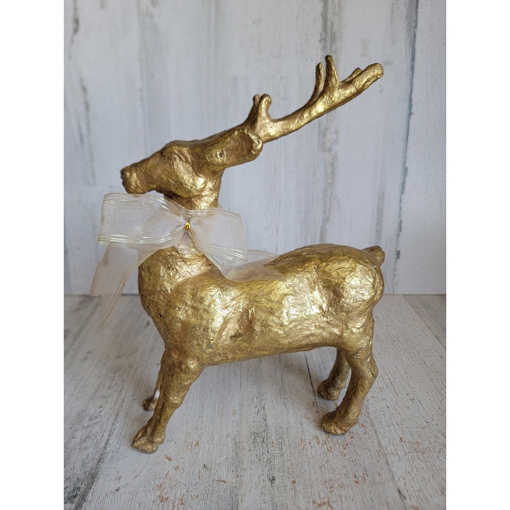 Golden rustic reindeer bow Xmas home decor folk art unique centerpiece